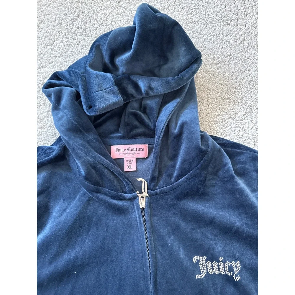 Juicy Couture Velour Tracksuit Y2K Hoodie Pants Blue Rhinestone Logo‎ Women XL